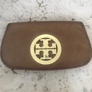 Tory Burch Brown Leather Purse Gold Logo Hardware Foldover Clutch Bag Handbag